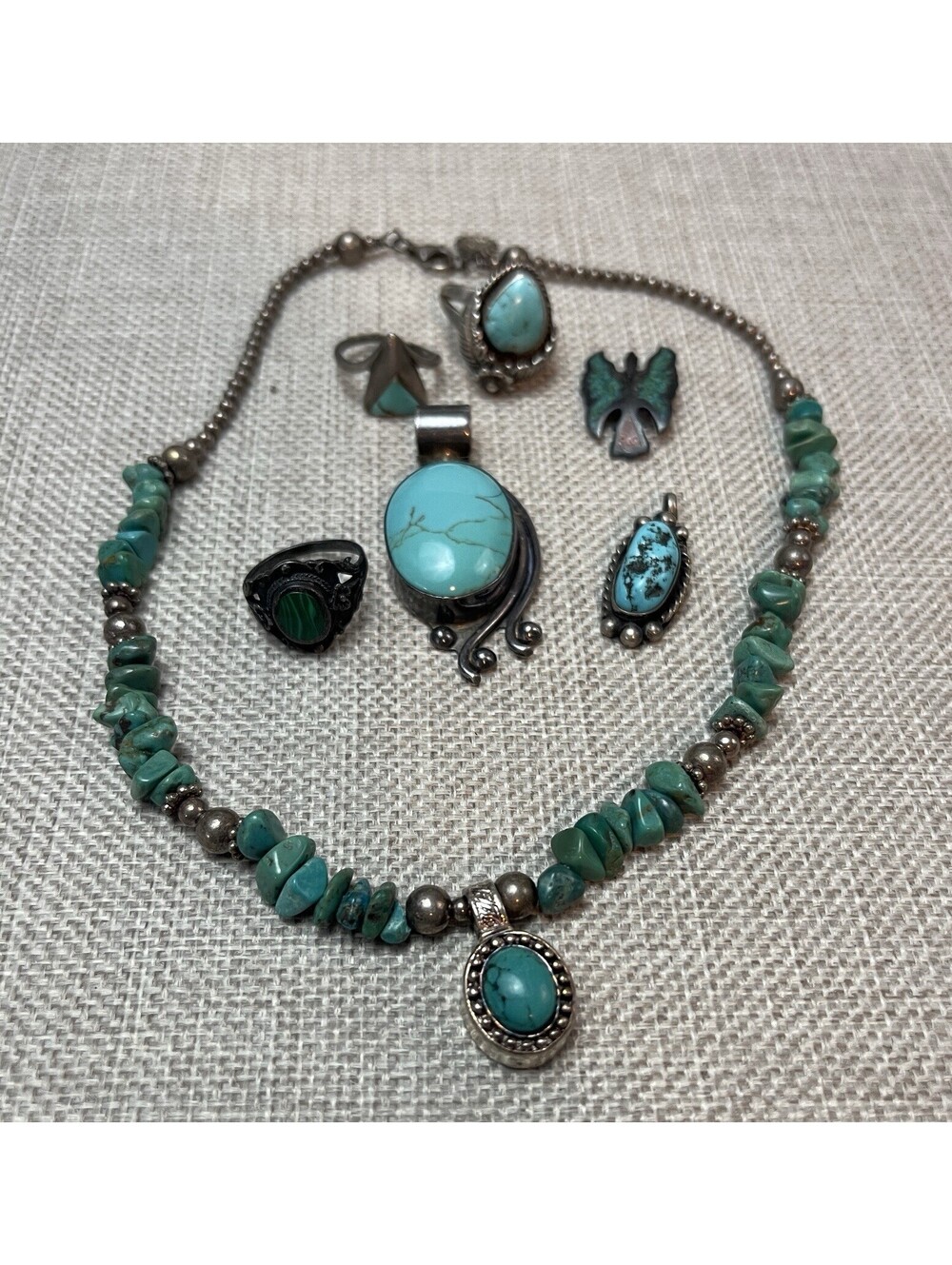 Southwest Sterling Turquoise Malachite Mixed Jewelry Lot of 7